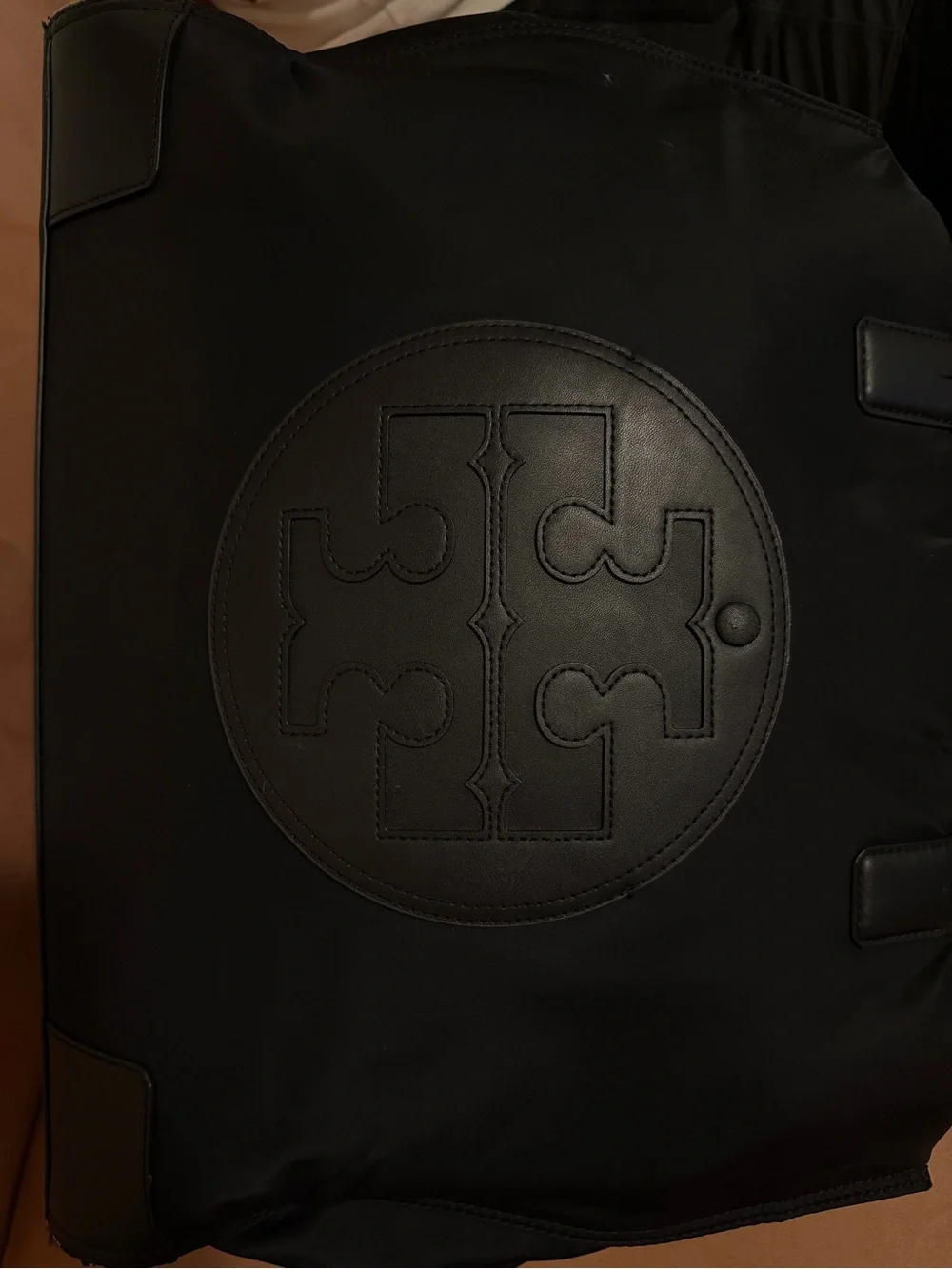 Tory Burch Black Nylon Logo Tote with Leather Trim